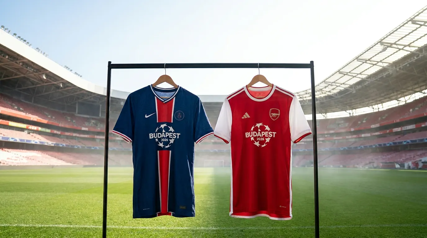 Camisa oficial de edição limitada da final da Champions League 2026 em Budapeste com Puskás Aréna ao fundo