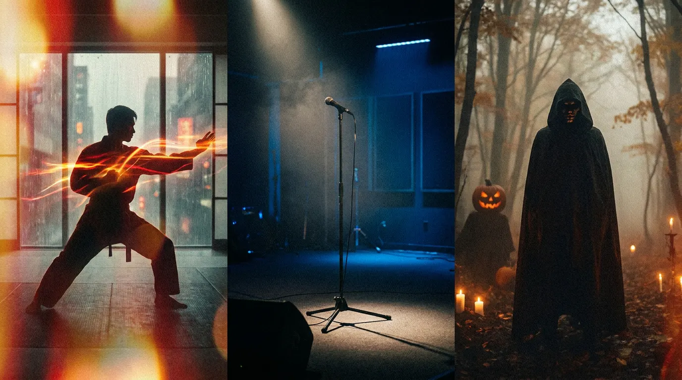 Colagem cinematográfica com Street Fighter, documentário de Marília Mendonça e séries de Halloween em outubro de 2026