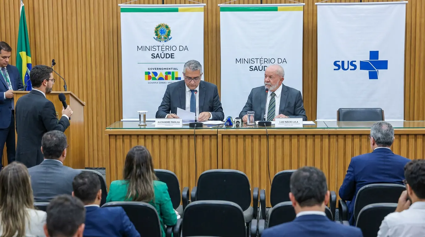 Presidente Lula e ministro Alexandre Padilha anunciando pacote de R$ 2,2 bilhões para tratamento de câncer no SUS no Hospital de Amor, em Barretos