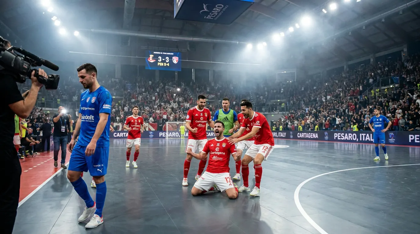 Gon Castejón celebra o gol do empate pelo Cartagena Costa Cálida no jogo do 3º lugar da Futsal Champions League 2026 em Pesaro
