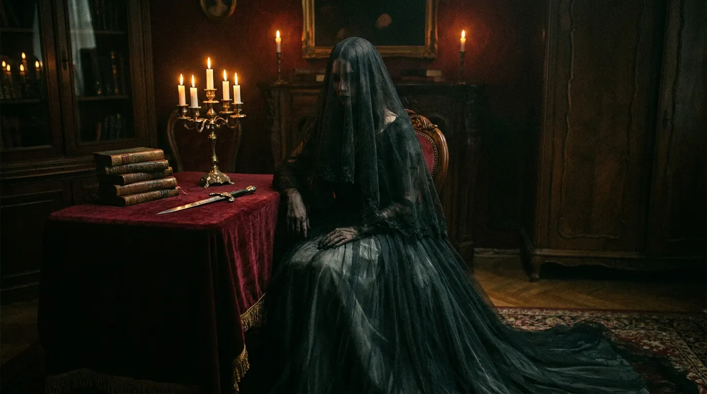 Salão de casamento sombrio e abandonado com iluminação dramática — atmosfera do filme Casamento Sangrento 2 A Viúva