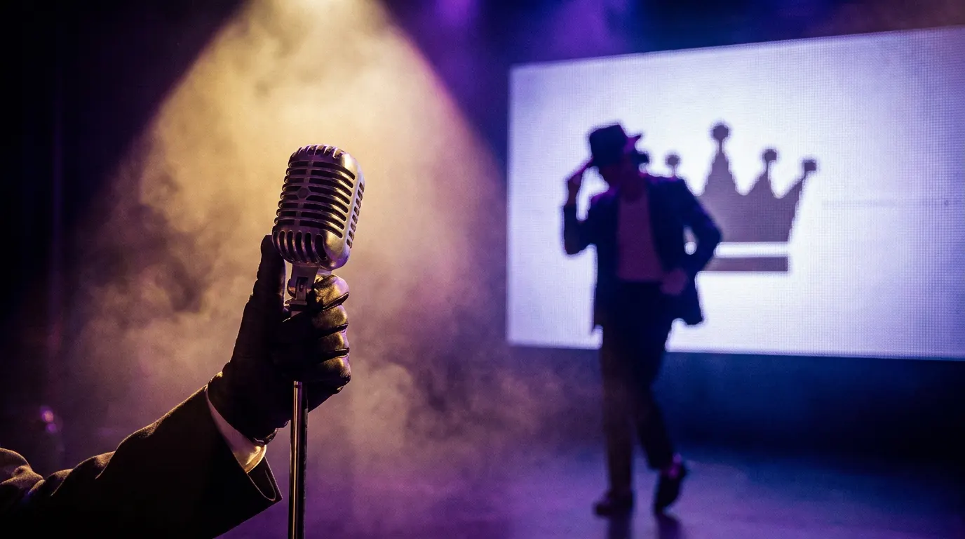 Jaafar Jackson como Michael Jackson no palco com chapéu fedora e luva branca no filme Michael (2026)