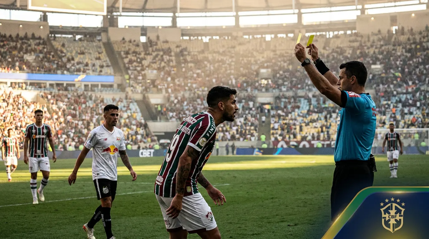 Lucho Acosta recebendo cartão amarelo no Maracanã durante Fluminense x Bragantino pelo Brasileirão 2026