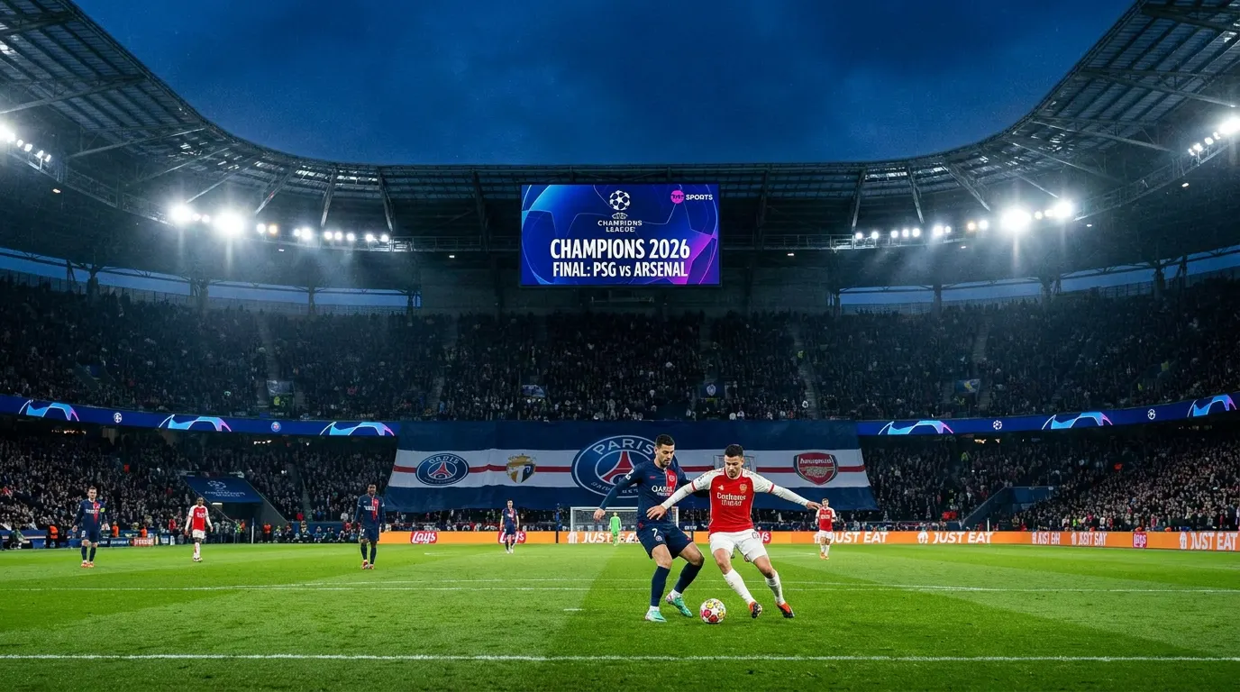 Puskás Arena em Budapeste iluminada para a final da Champions League 2026 entre PSG e Arsenal