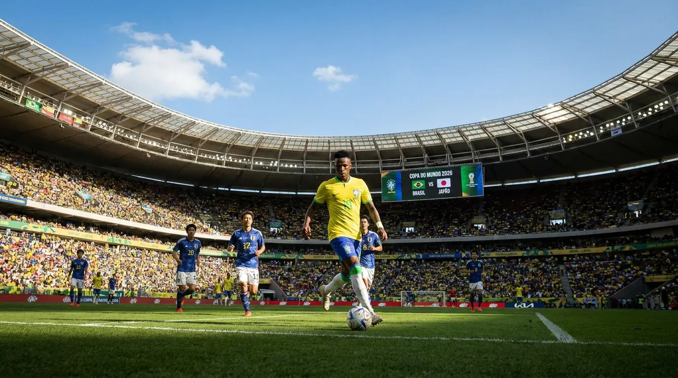 Vinicius Jr comemorando gol pela Seleção Brasileira na Copa do Mundo 2026 no NRG Stadium em Houston