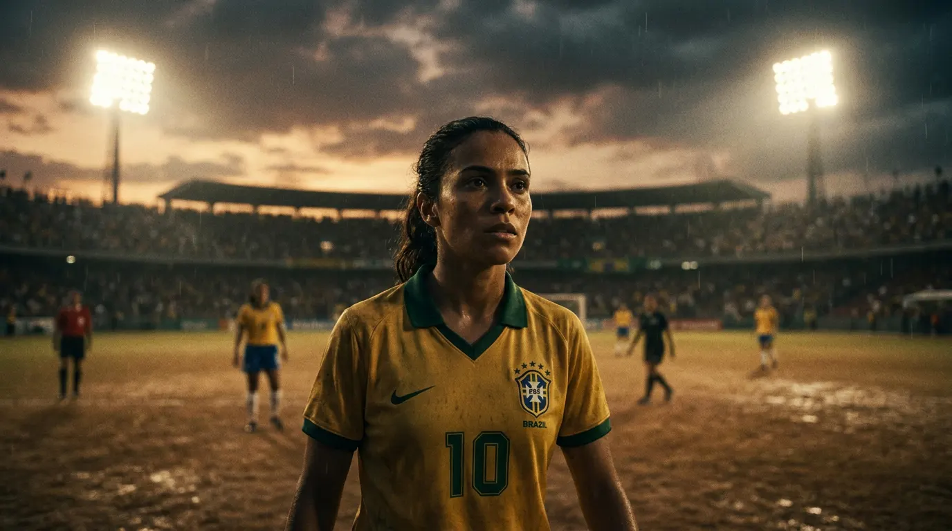 Alice Carvalho caracterizada como Marta em cenário nevado na Suécia, cena da cinebiografia dirigida por Andrucha Waddington
