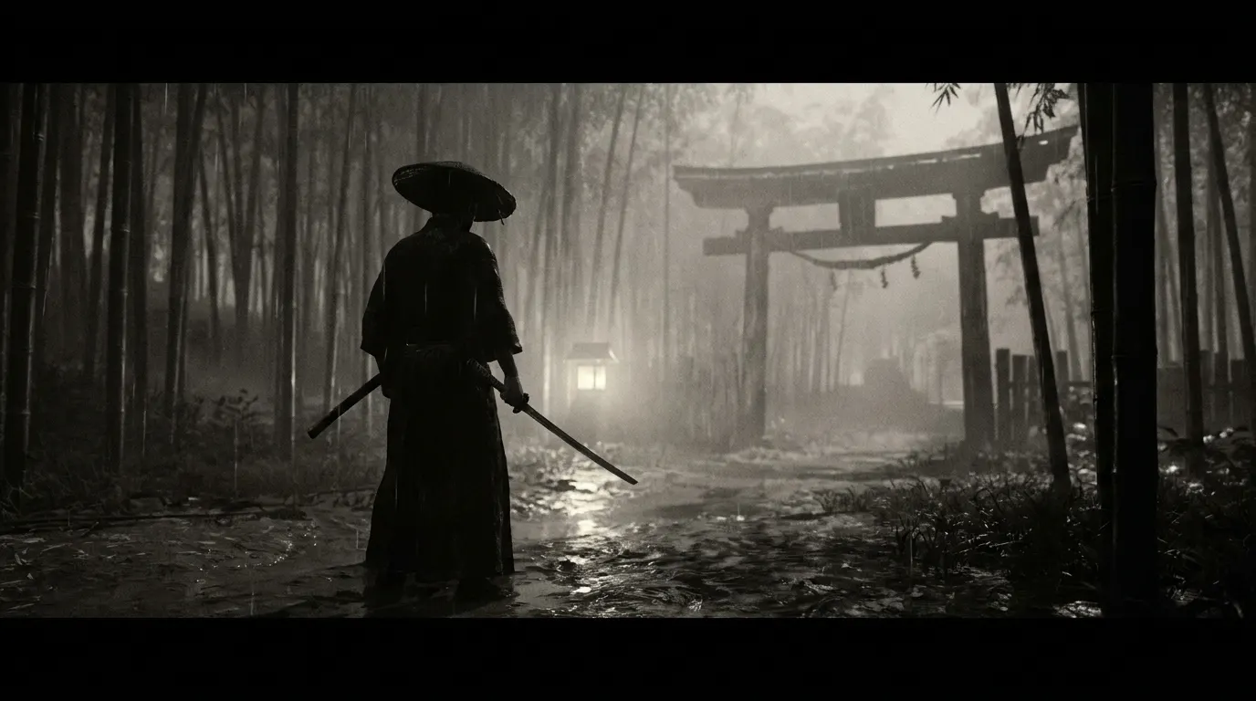 Sala de cinema evocando o estilo visual dos filmes clássicos de Akira Kurosawa, com projeção de cena de samurai em preto e branco
