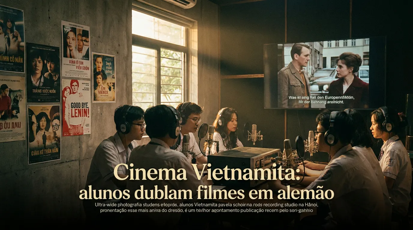 Aluna vietnamita dublando filme em alemão numa sala de aula de Ho Chi Minh City — cinema vietnamita e educação em idiomas