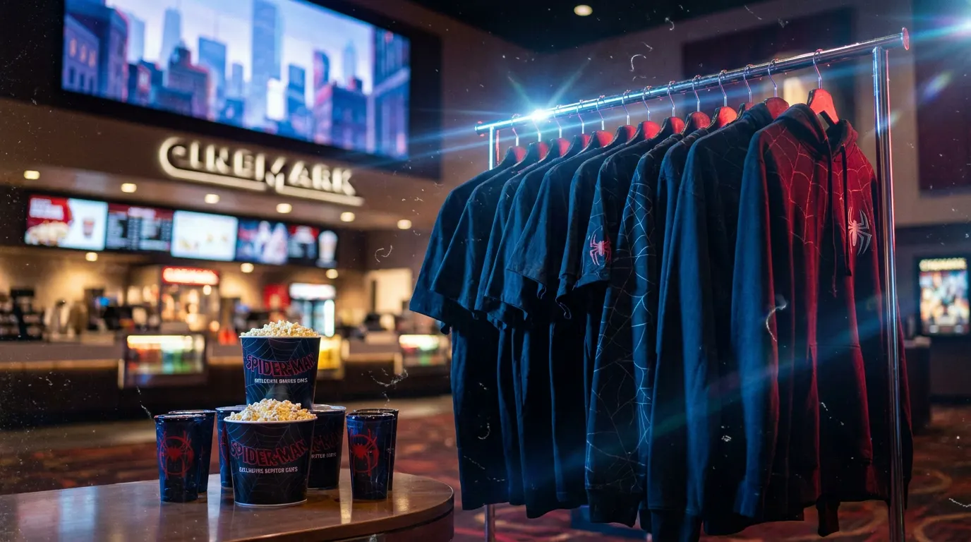 Tom Holland como Homem-Aranha em cena de Um Novo Dia com merch exclusivo da Cinemark ao fundo