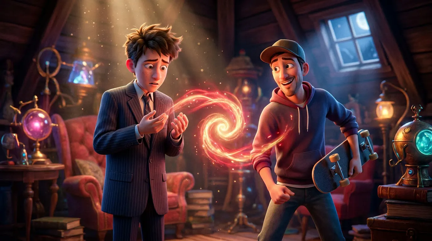 Ollie e Ivy, protagonistas da animação Como Mágica (Swapped), frente a frente em floresta mágica do Vale — animação Netflix 2026