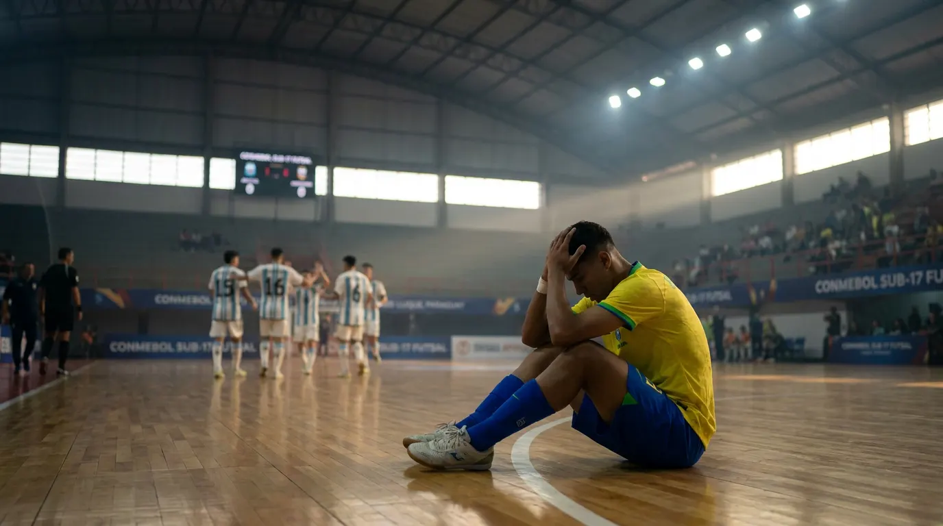 Jogadores da Seleção Brasileira Sub-17 de Futsal durante a final do CONMEBOL Sub-17 Futsal 2026 em Luque, no Paraguai