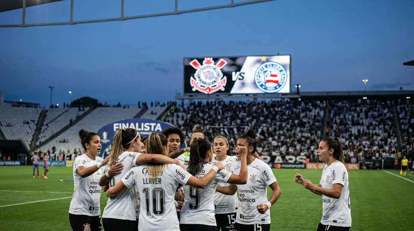 Jogadoras do Corinthians celebrando a classificação para a final do Brasileirão Feminino 2026 na Neo Química Arena