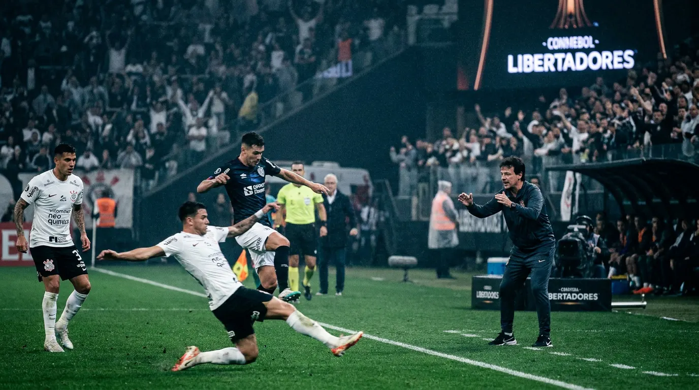 Estádio lotado à noite com escudo estilizado preto e branco e troféu da Libertadores em destaque
