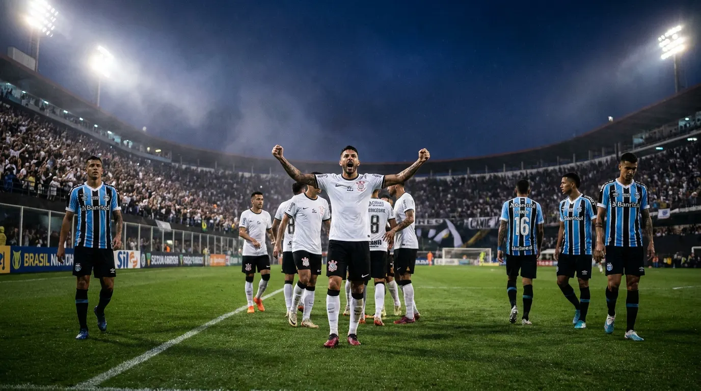 Estádio lotado à noite durante partida decisiva do Corinthians no Brasileirão