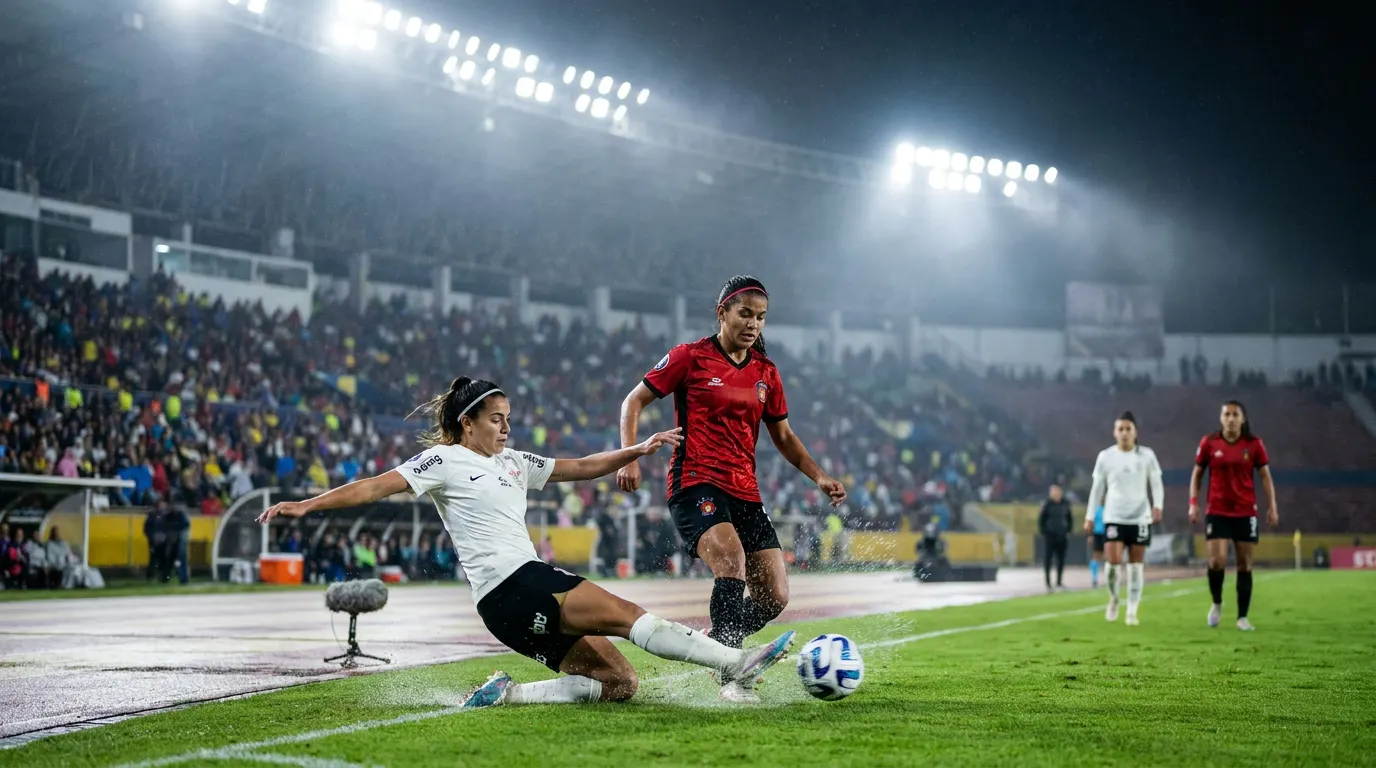 Vic Albuquerque comemorando gol pelo Corinthians feminino na Libertadores Feminina 2026 no Estádio Rodrigo Paz Delgado em Quito