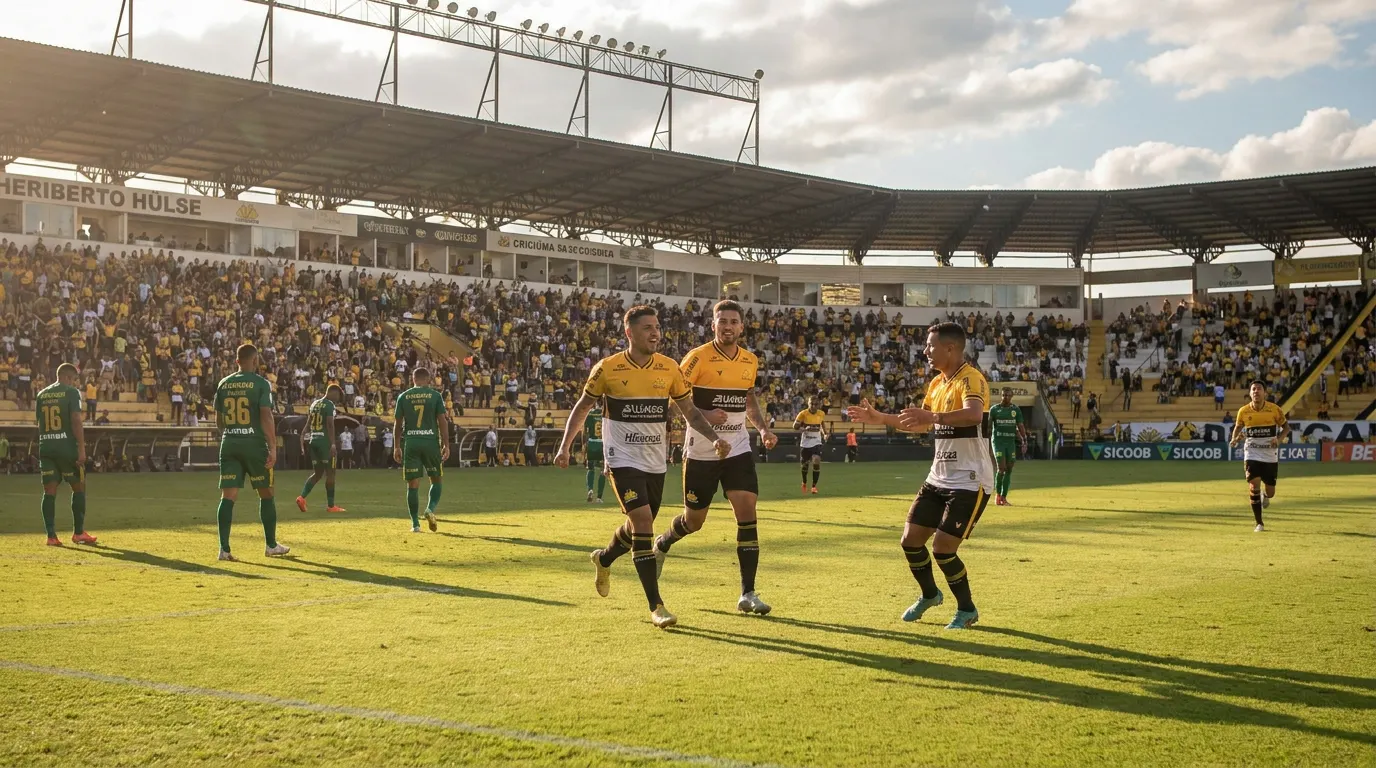 Jogadores do Criciúma comemorando gol no Estádio Heriberto Hülse pela Série B 2026