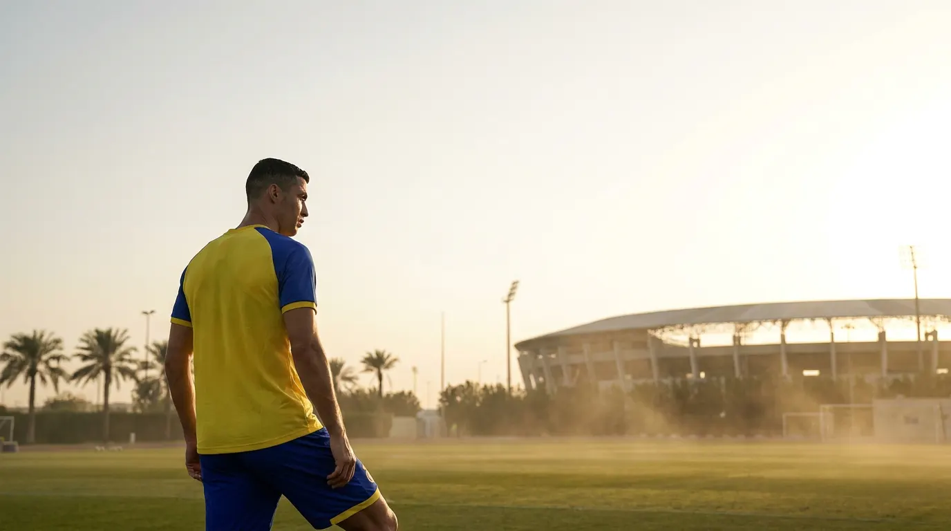 Cristiano Ronaldo com a camisa do Al-Nassr no Estádio Al-Awwal Park durante partida da Saudi Pro League em 2026