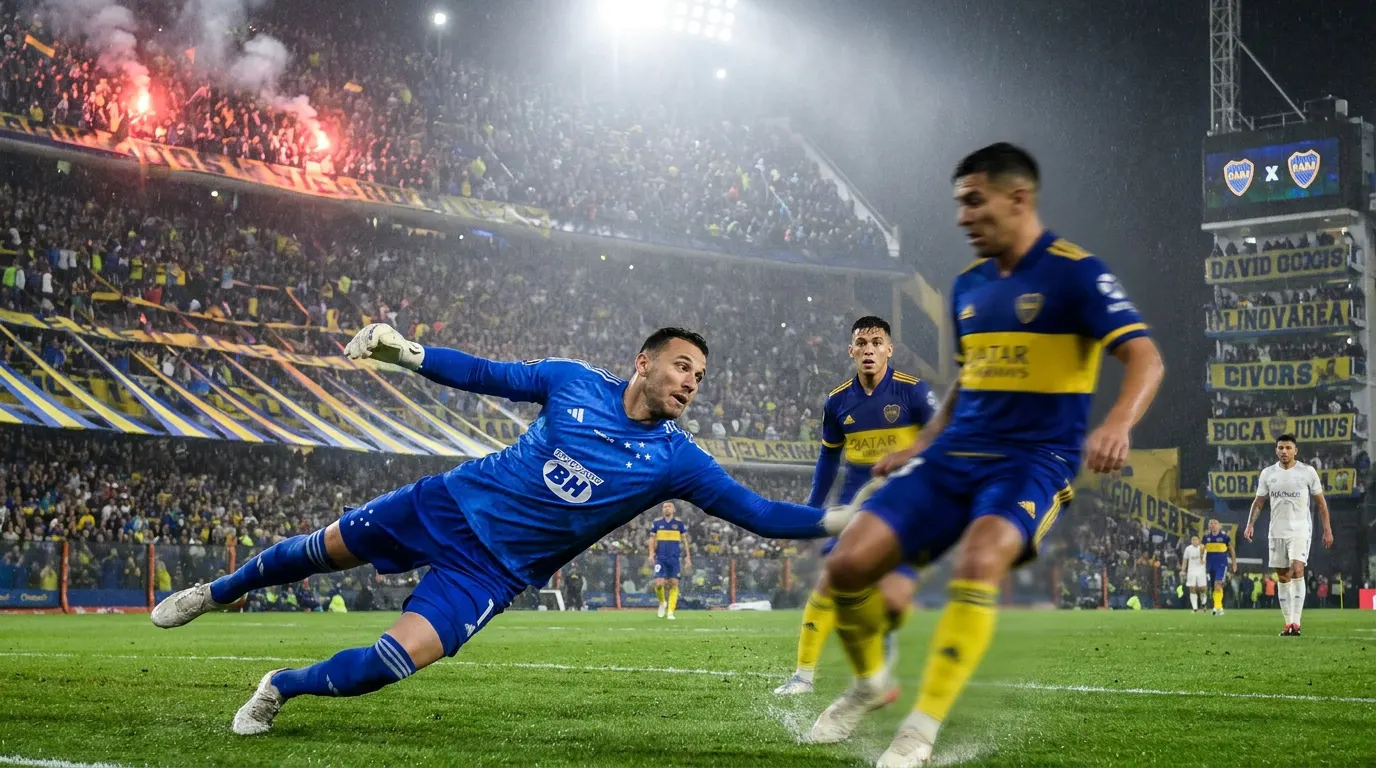 Goleiro Otávio do Cruzeiro fazendo grande defesa na Bombonera pela Copa Libertadores 2026