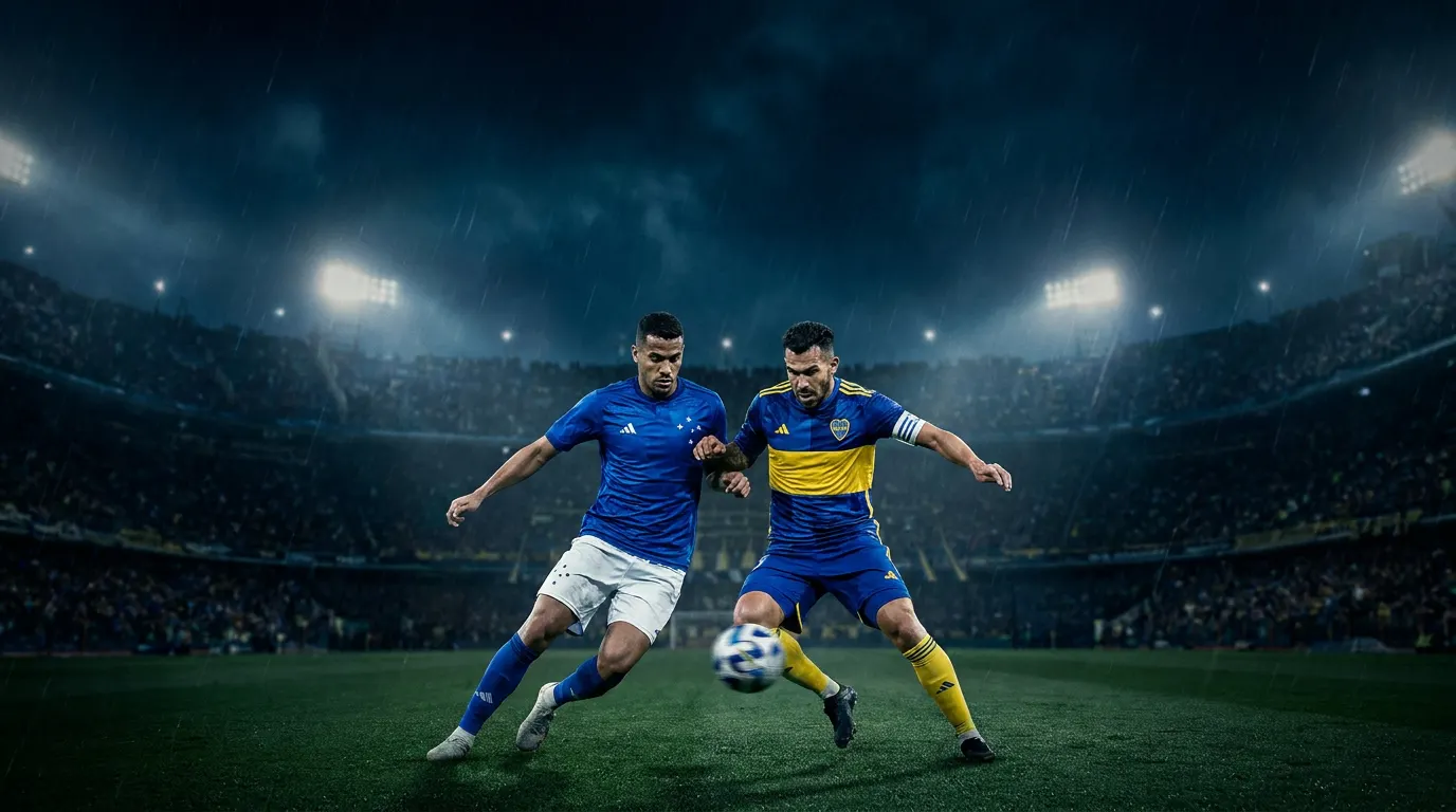 Estádio lotado à noite com escudos estilizados do Cruzeiro e Boca Juniors face a face na Libertadores