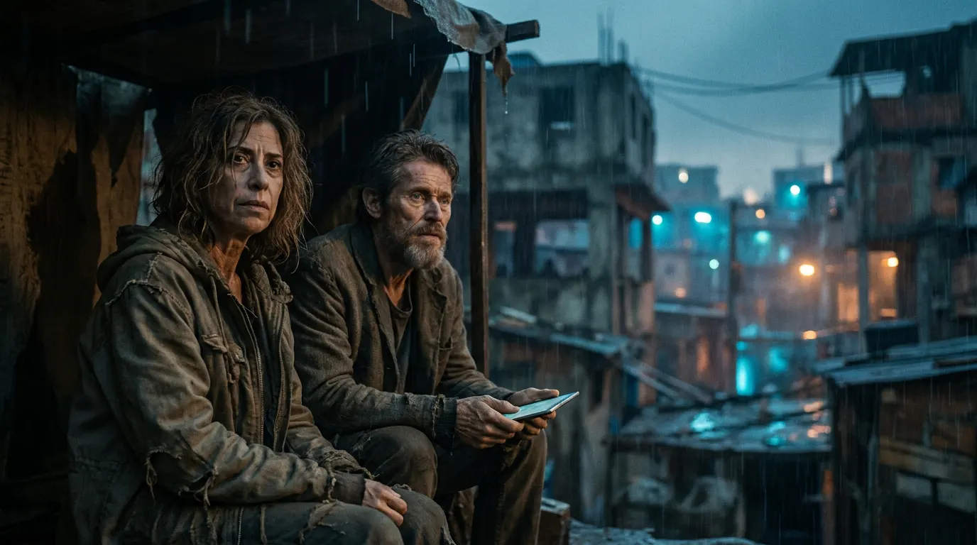 Fernanda Torres e Willem Dafoe em cena distópica urbana noturna do filme Cuddle de Bárbara Paz