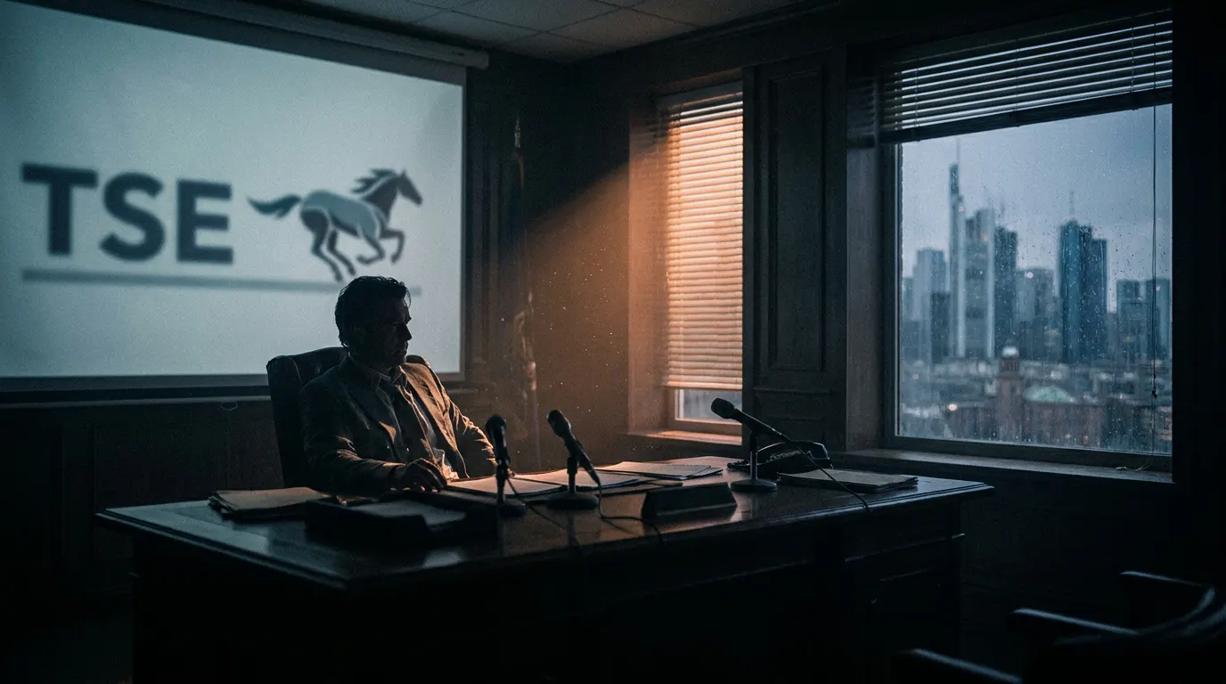 Jim Caviezel como Jair Bolsonaro no filme Dark Horse, em cena de comício com bandeiras brasileiras ao fundo