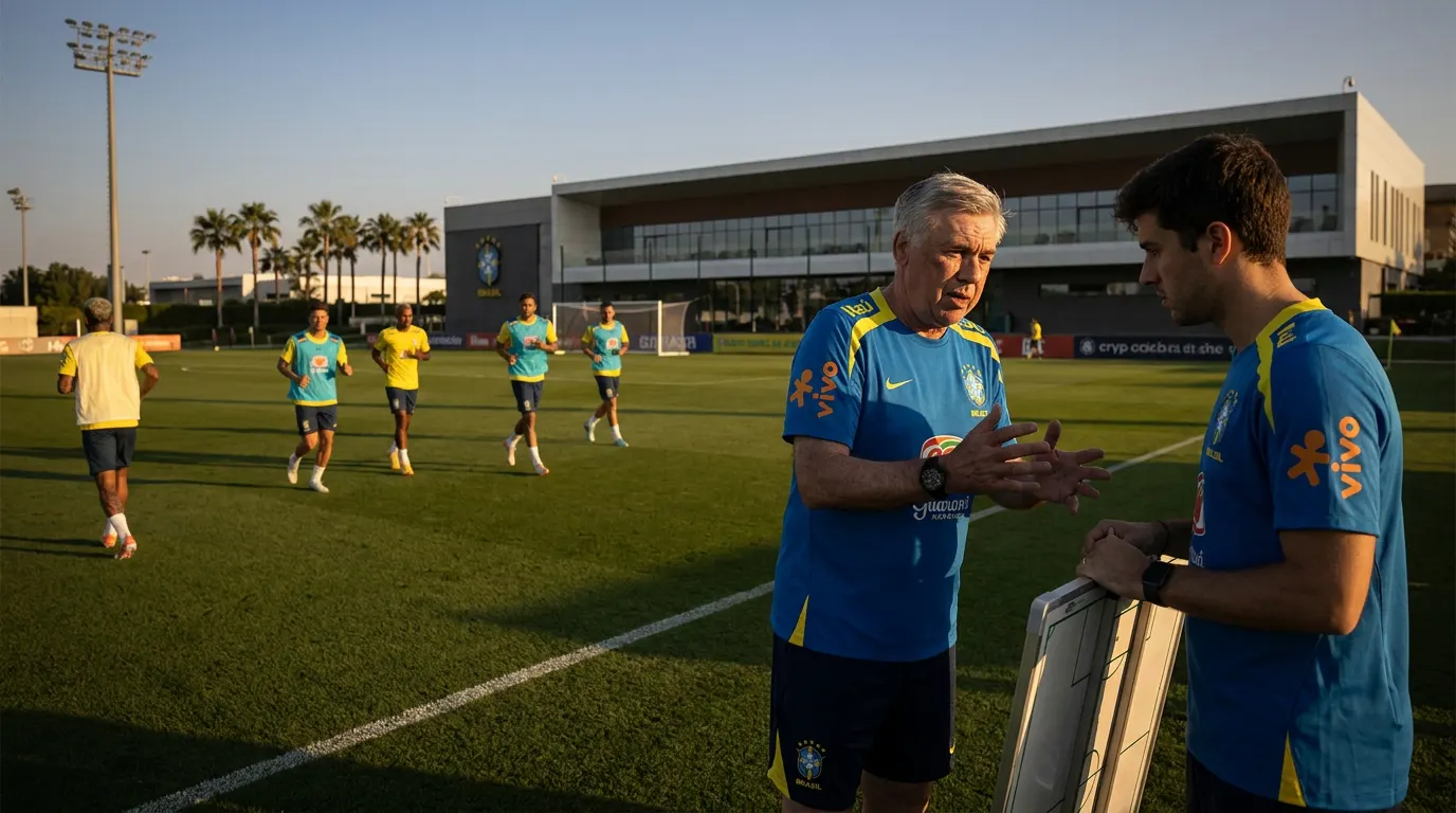 Carlo Ancelotti e Davide Ancelotti juntos no treino da Seleção Brasileira na preparação para a Copa do Mundo 2026