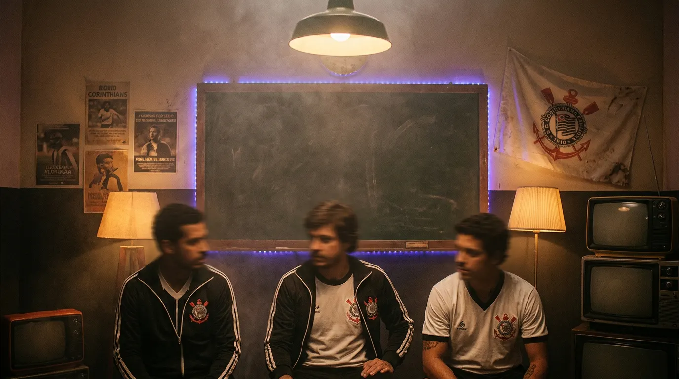 Elenco da série Democracia Corinthiana da HBO Max em cena dramática ambientada nos anos 1980, com visual cinematográfico de drama político brasileiro