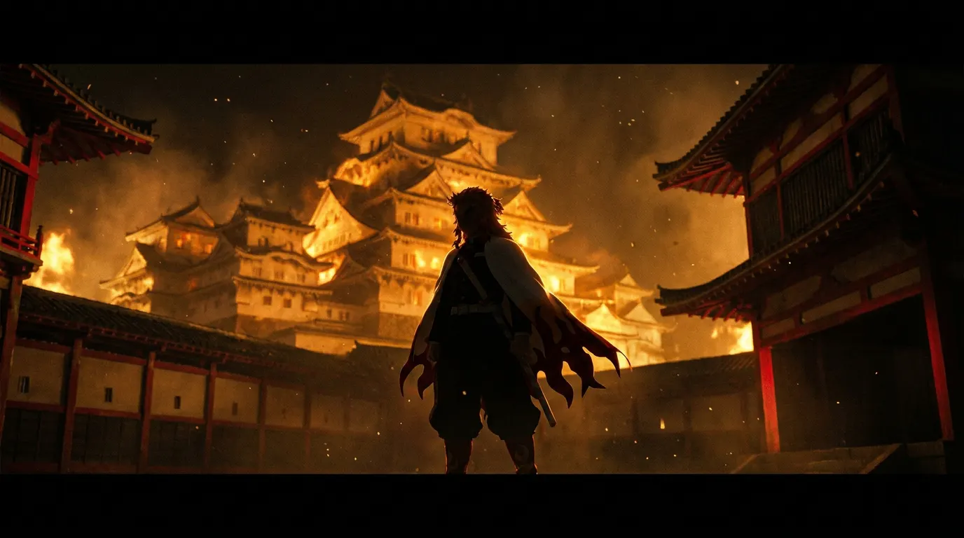 Tanjiro Kamado com a espada Nichirin em posição de combate na entrada do Castelo Infinito — review de Demon Slayer Castelo Infinito na Netflix