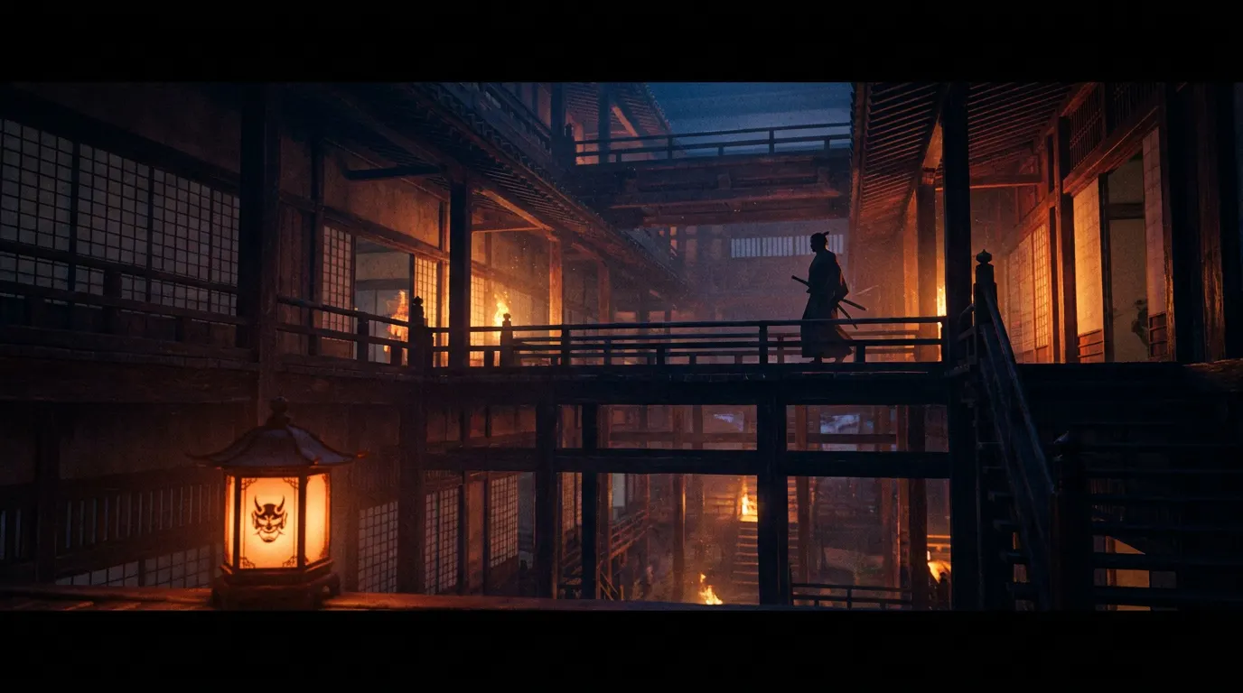 Tanjiro Kamado com a katana Nichirin em frente ao Castelo Infinito em cena do filme Demon Slayer: Castelo Infinito
