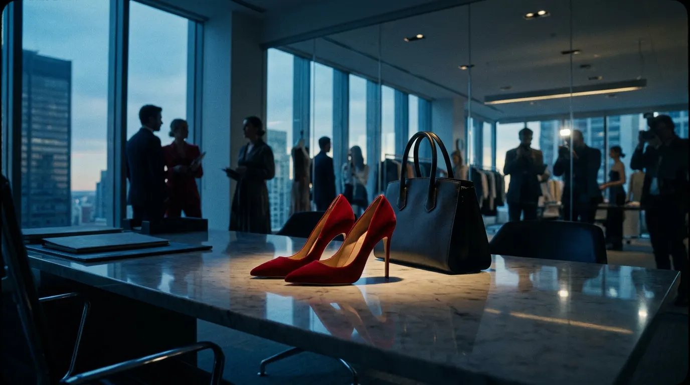 Salto de grife sobre revistas de moda espalhadas com skyline de Manhattan ao fundo, remetendo ao universo glamouroso de O Diabo Veste Prada 2