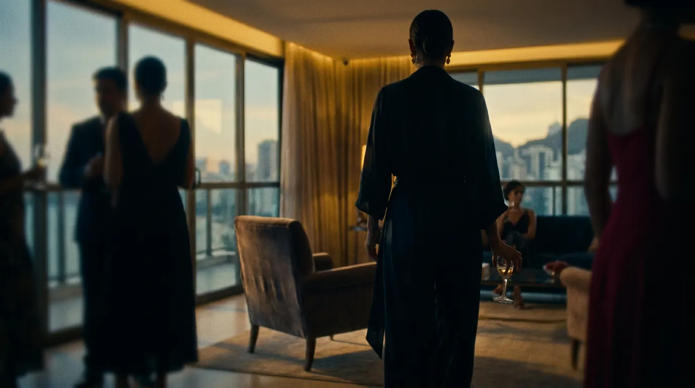 Cena dramática de três mulheres em cobertura de luxo no Rio de Janeiro evocando a série Dom de Iludir da Netflix