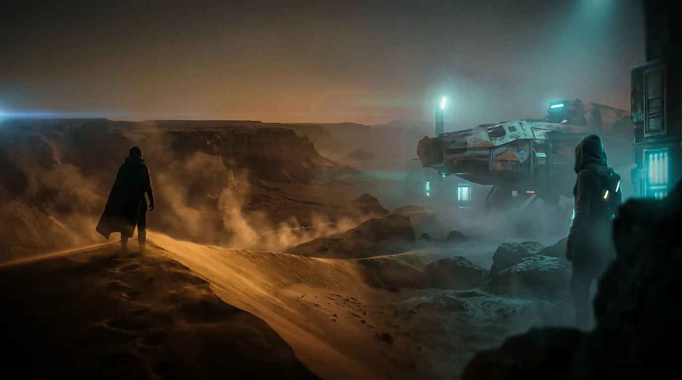 Colagem cinematográfica de deserto alienígena de Duna e espaço sideral de Star Wars lado a lado