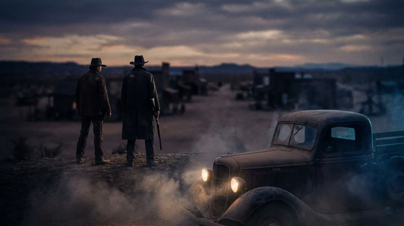 Joaquin Phoenix como xerife e Pedro Pascal como prefeito em cena do filme Eddington no Prime Video, neo-western de Ari Aster