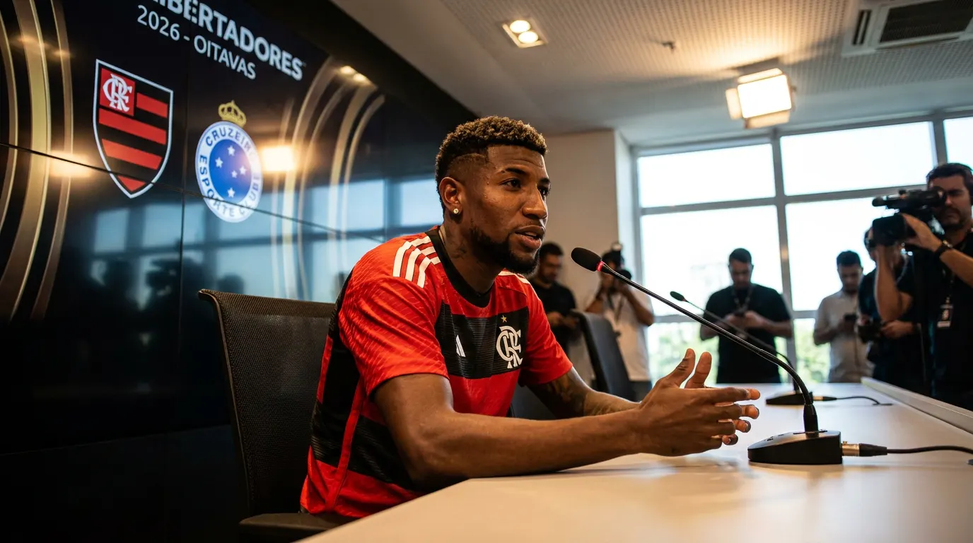 Emerson Royal em ação pelo Flamengo na Copa Libertadores 2026 com camisa rubro-negra oficial
