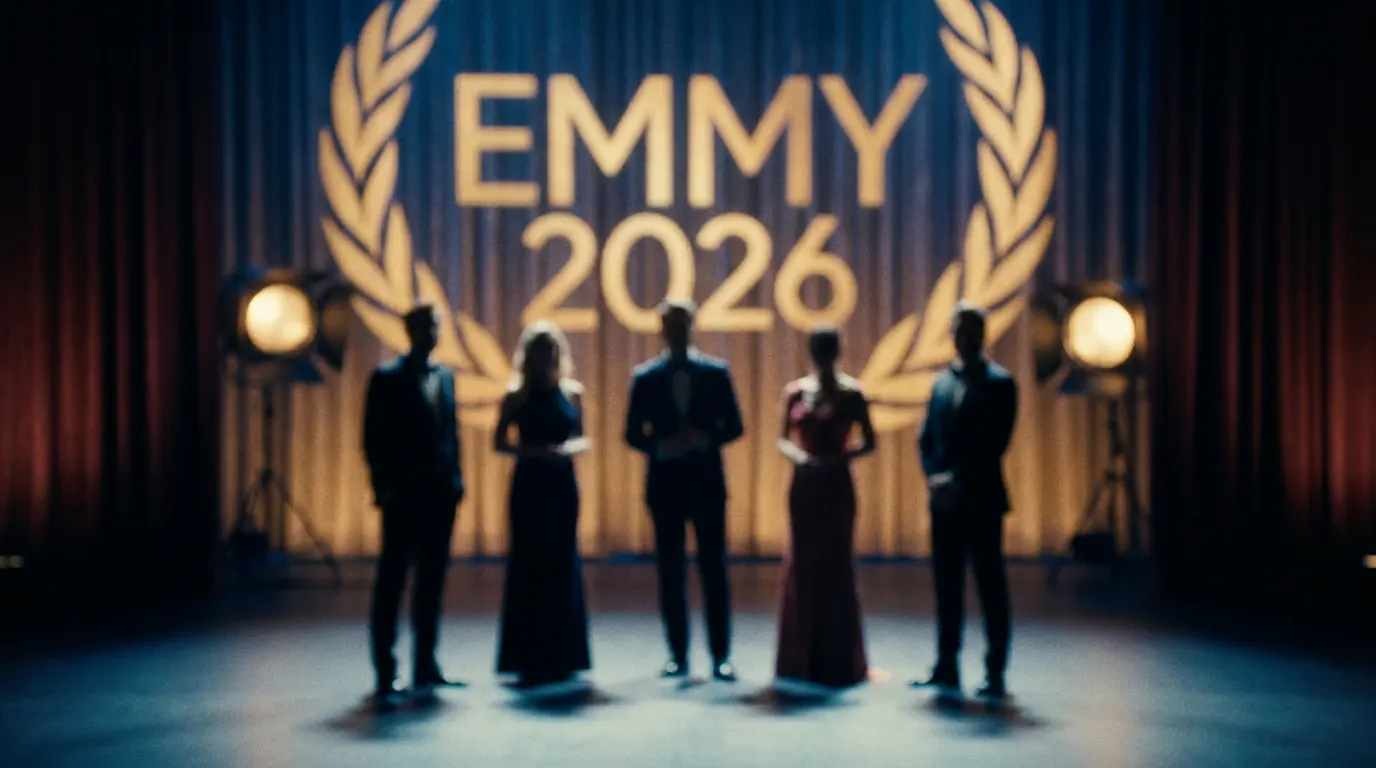 Troféu Emmy Awards 2026 em destaque com fundo de tapete vermelho — 78ª edição da premiação