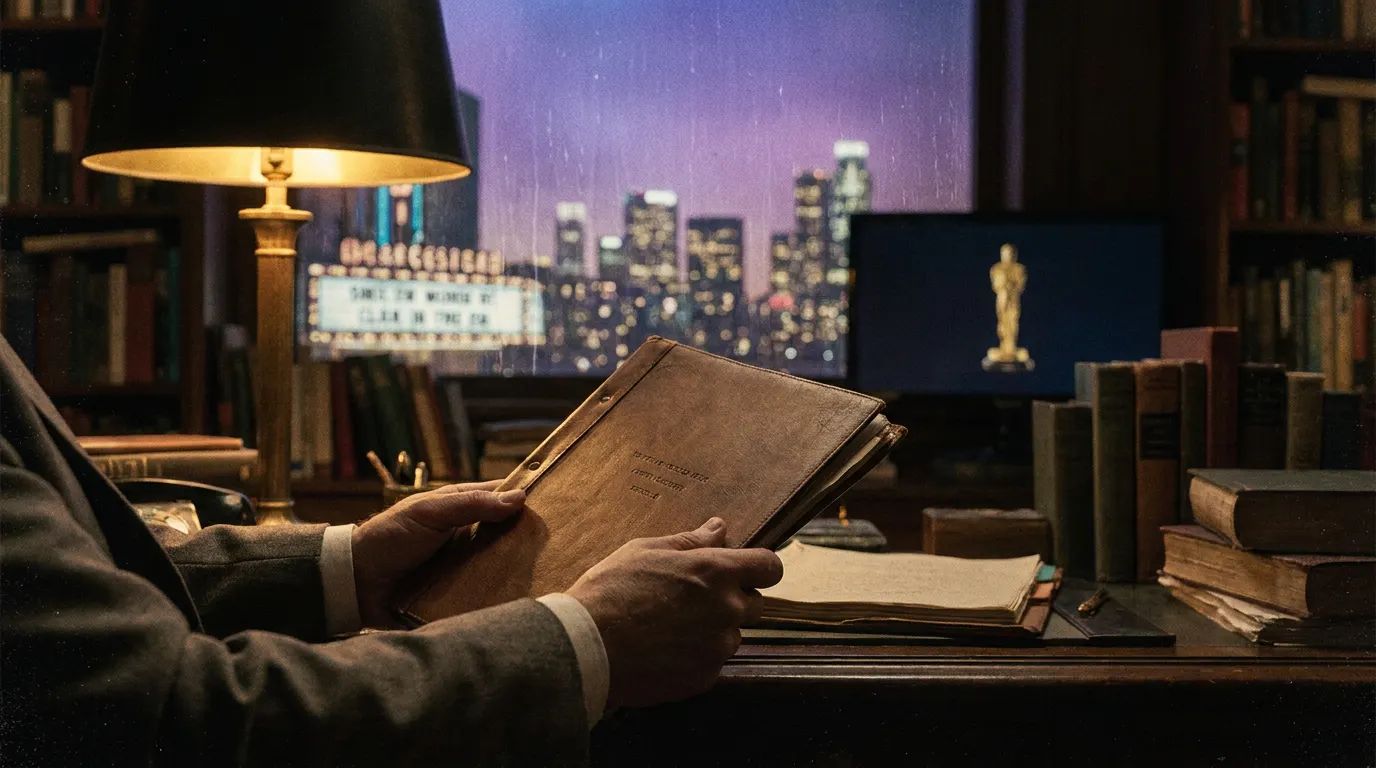 Estatueta dourada do Emmy Awards no palco do Peacock Theater, iluminada por holofotes dramáticos — cerimônia Emmy 2026