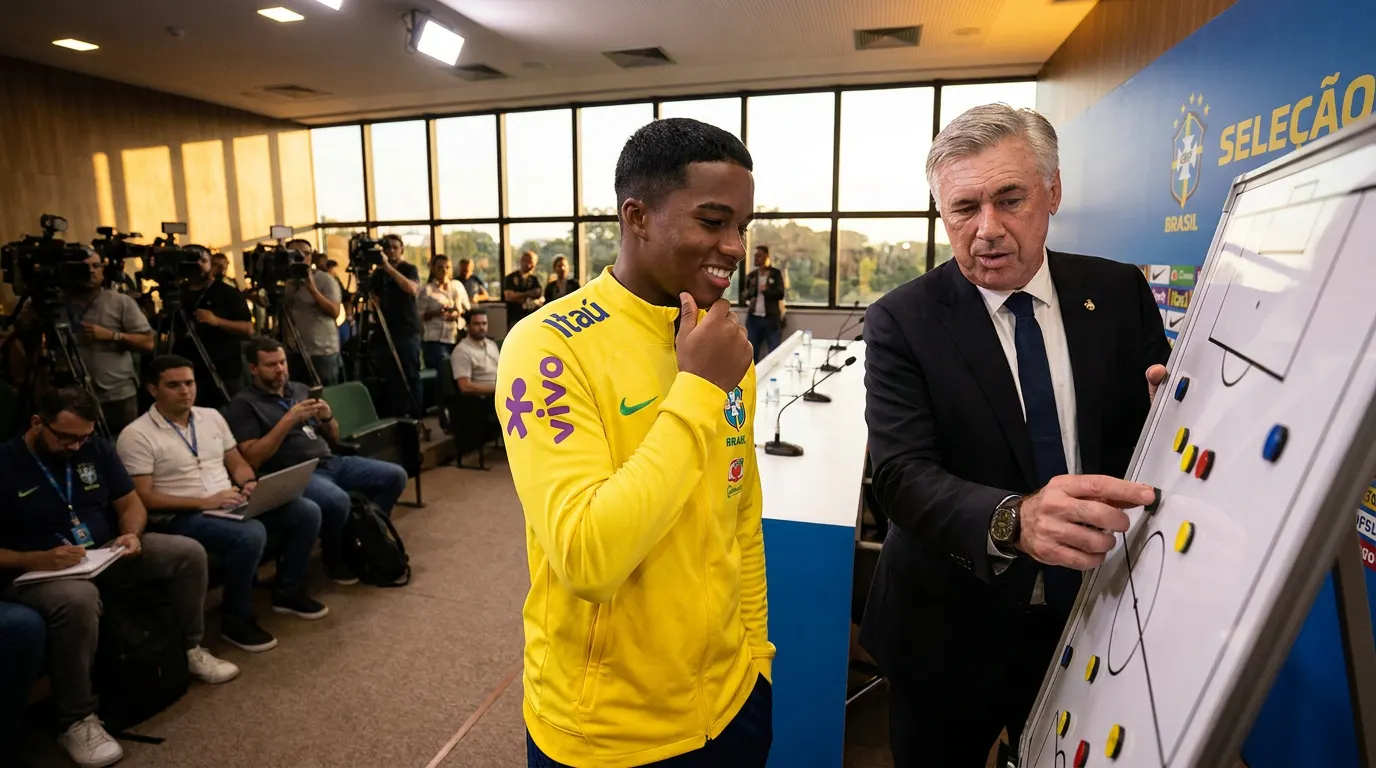 Endrick comemorando convocação para a Copa do Mundo 2026 com a camisa da Seleção Brasileira