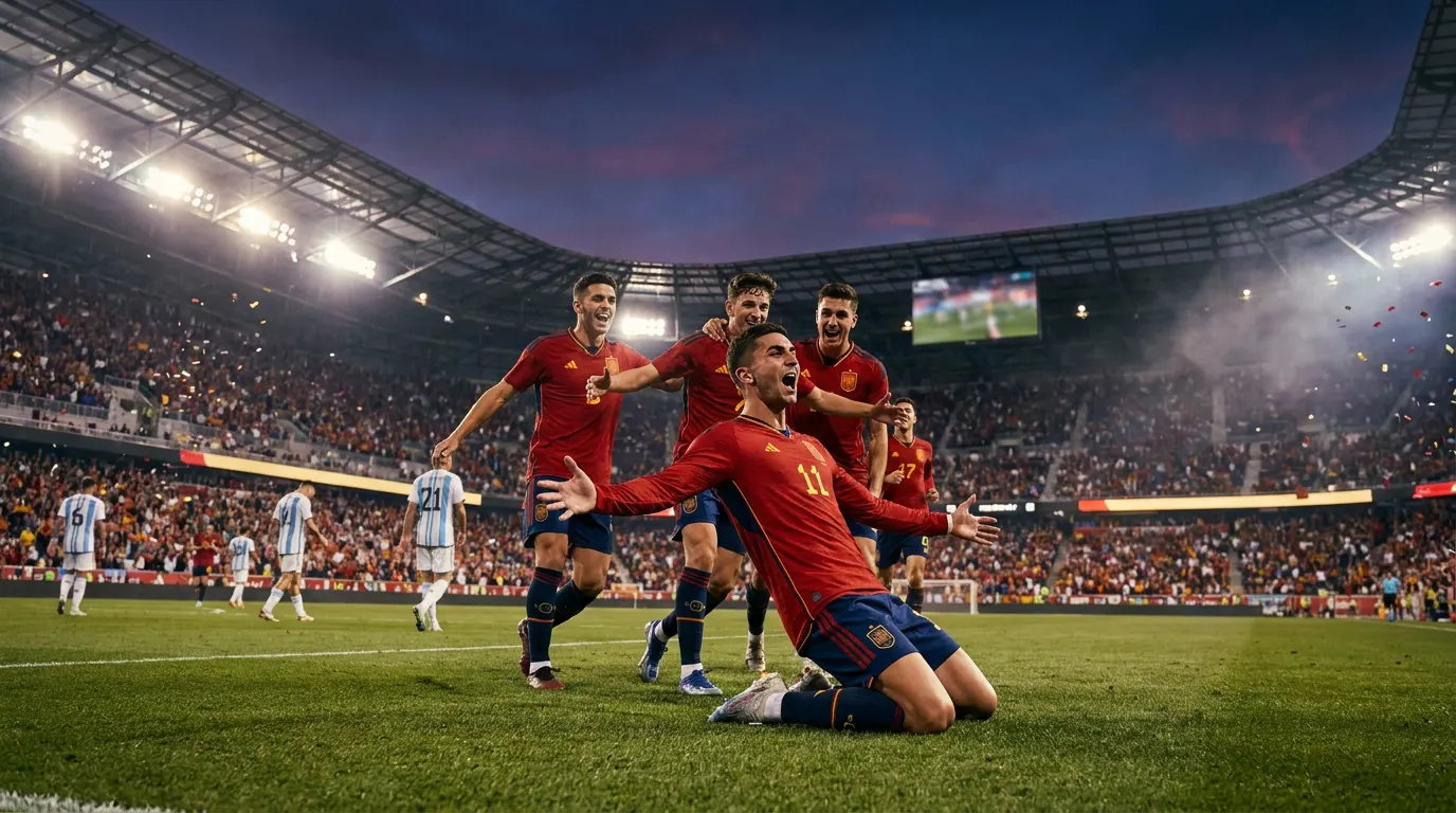 Ferran Torres celebra o gol decisivo na final da Copa do Mundo 2026 contra a Argentina, com a camisa vermelha oficial da Espanha