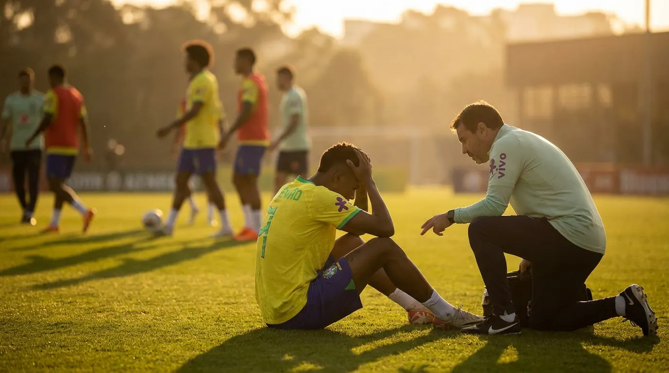 Estêvão, atacante do Chelsea, com expressão de tristeza após ser cortado da pré-lista da Seleção Brasileira para a Copa do Mundo 2026