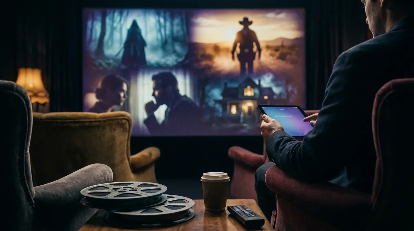 Colagem cinematográfica de estreias do fim de semana: Art o Palhaço de Terrifier 3 à esquerda e Aziraphale e Crowley de Good Omens à direita, representando os lançamentos da semana na Max e Prime Video