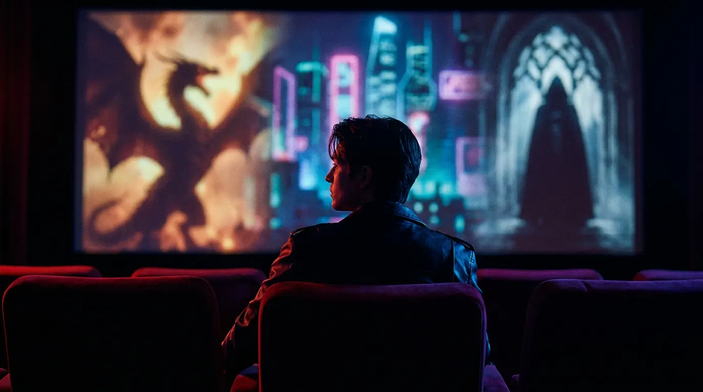 Colagem de estreias da semana no cinema e streaming com cenas de diferentes gêneros iluminadas por telas digitais