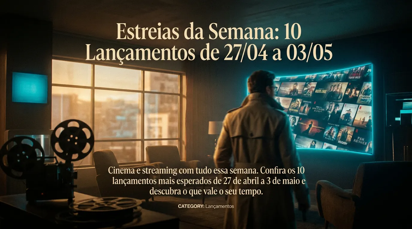 Sala de cinema e tela de streaming lado a lado representando as estreias da semana nos lançamentos de abril e maio