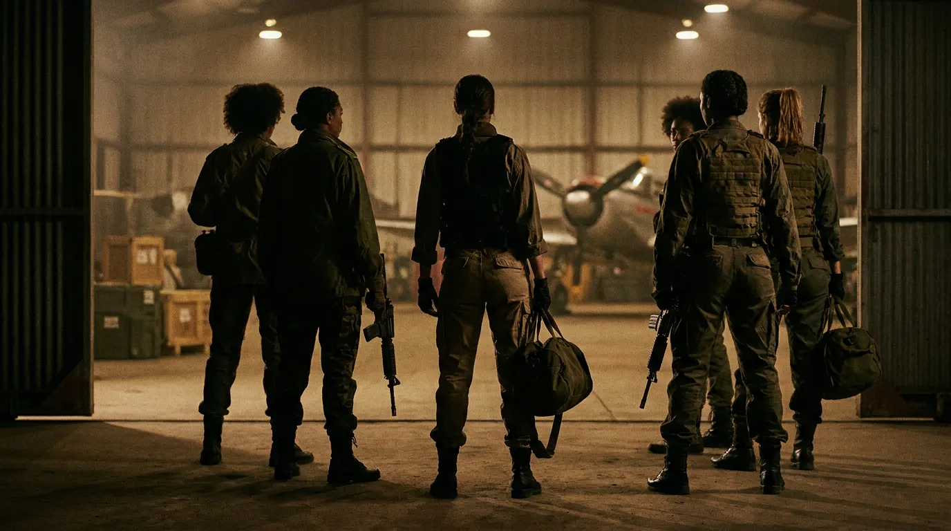 Grupo de operativas femininas em trajes táticos posadas para cena de ação estilo Os Mercenários, cenário urbano anos 1990