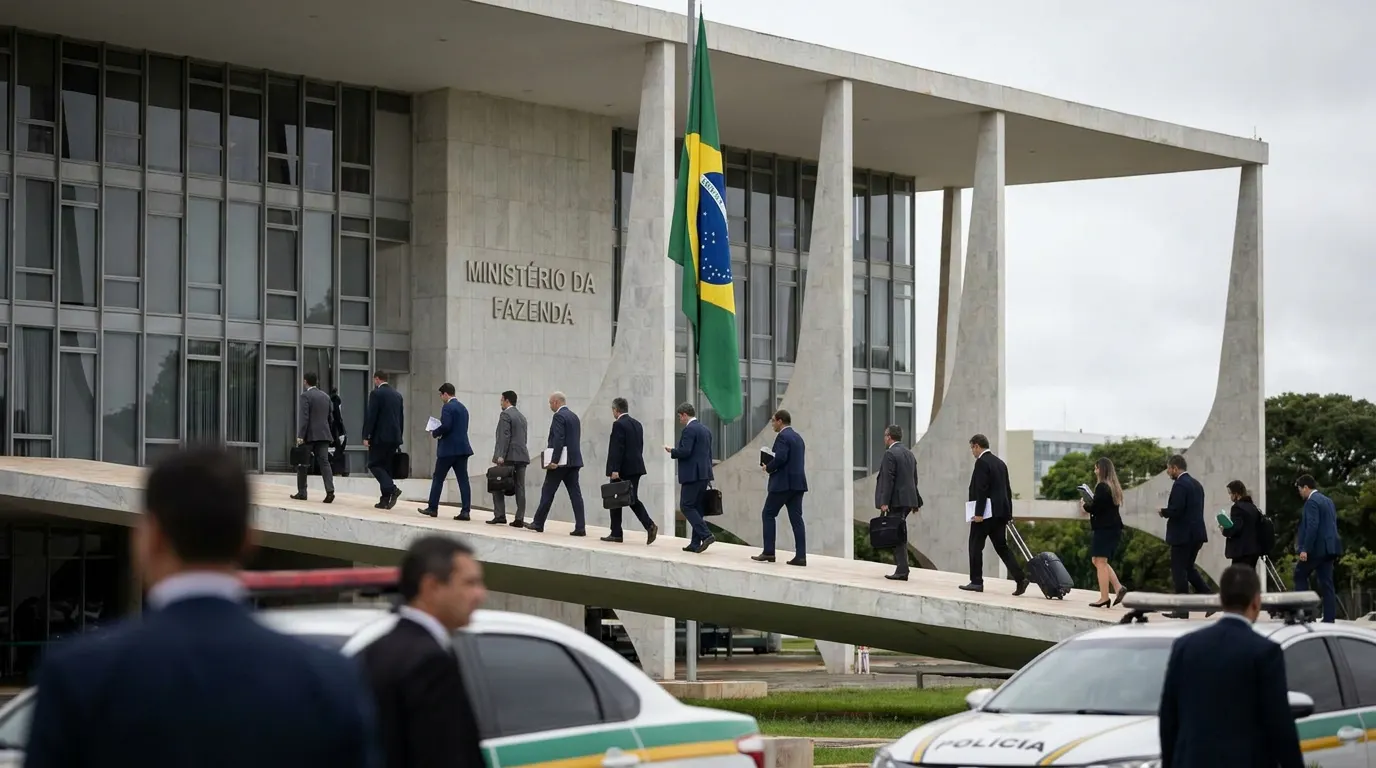 Passaporte brasileiro sobre documentos da Receita Federal com fundo desfocado do Palácio do Planalto — saída definitiva fiscal do Brasil em 2026