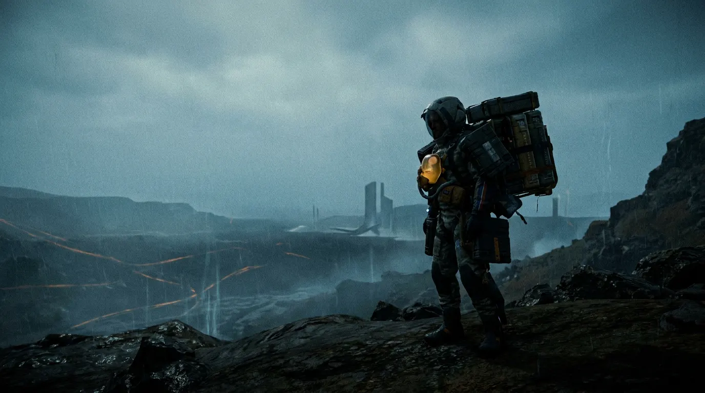 Hideo Kojima em paisagem pós-apocalíptica estilo Death Stranding, estética A24 cinematográfica ao entardecer