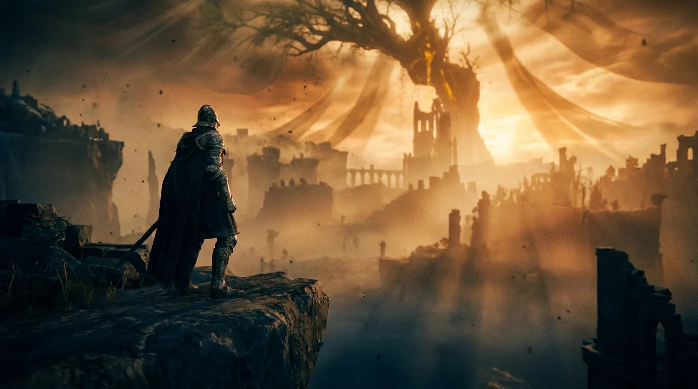 Ilustração cinematográfica do mundo sombrio e épico do filme de Elden Ring com anel dourado ao fundo