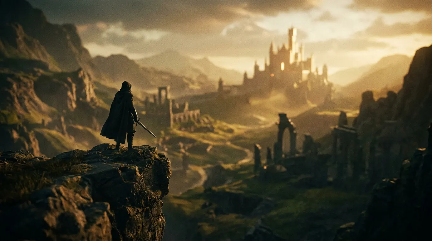 Dois personagens em trajes medievais de fantasia em frente a um castelo imponente, evocando a estética do filme live-action de The Legend of Zelda previsto para 2027