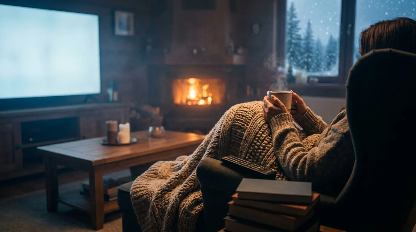 Setup aconchegante de sessão de cinema em casa com cobertor, xícara de café e pipoca para filmes do fim de semana