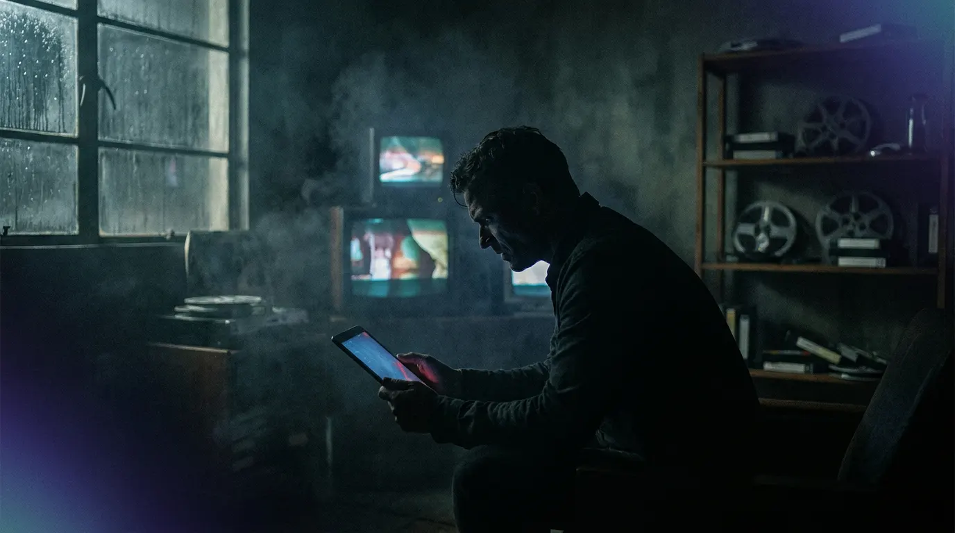 Mãos tensas segurando apoio de poltrona durante sessão de filme de suspense — atmosfera noir cinematográfica
