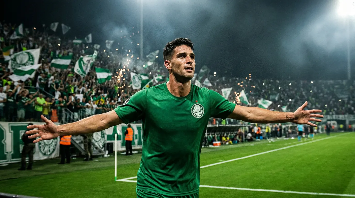 Flaco López comemorando gol do Palmeiras na Libertadores 2026 no Estádio Alejandro Villanueva em Lima
